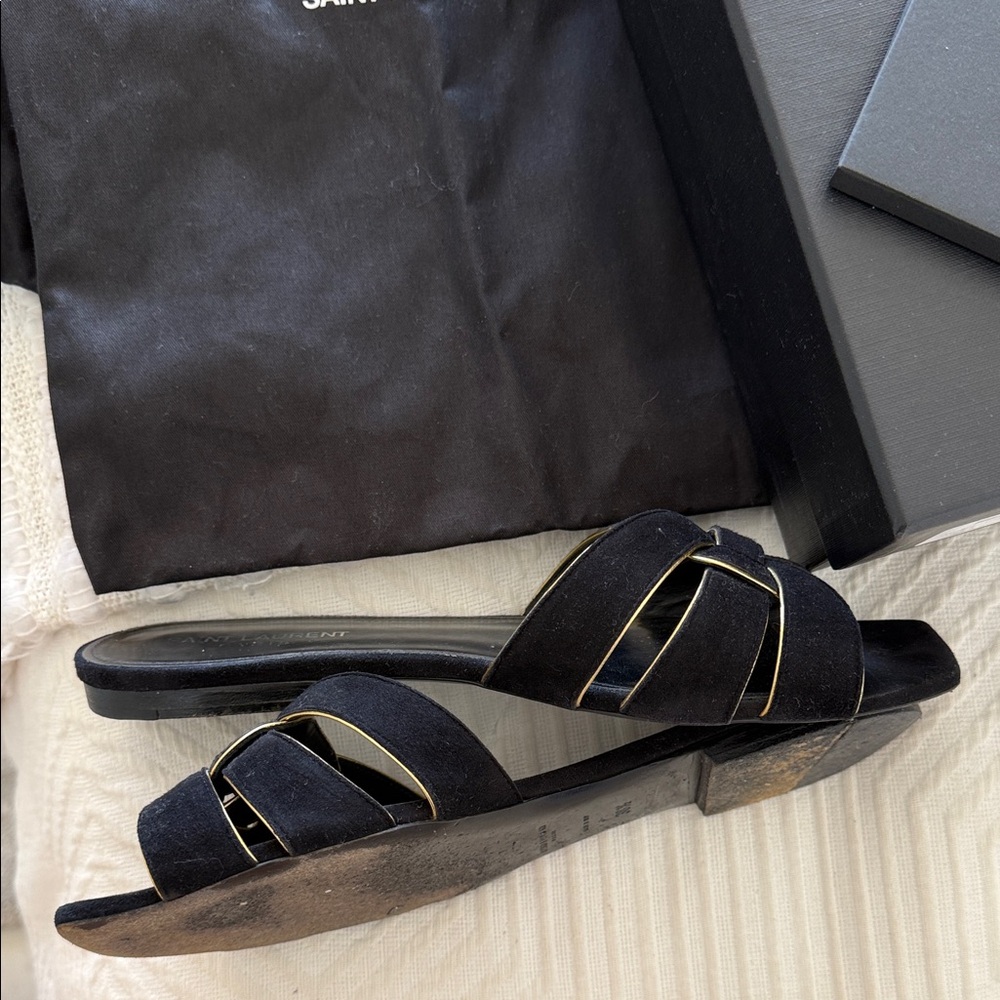 Saint Laurent Triumph Black Suede Slide Sandals with Gold Piping 38.5 - Picture 7 of 8